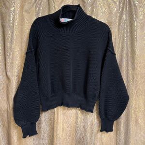 Free People Beach Black Textured Knit Hailee Balloon Sleeve Sweater Med